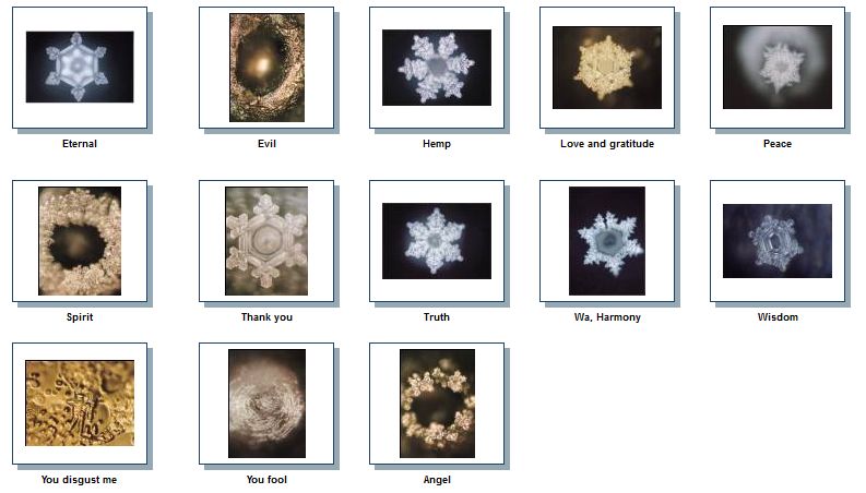 Masaru Emoto’s photos of water crystals shaped by various words.